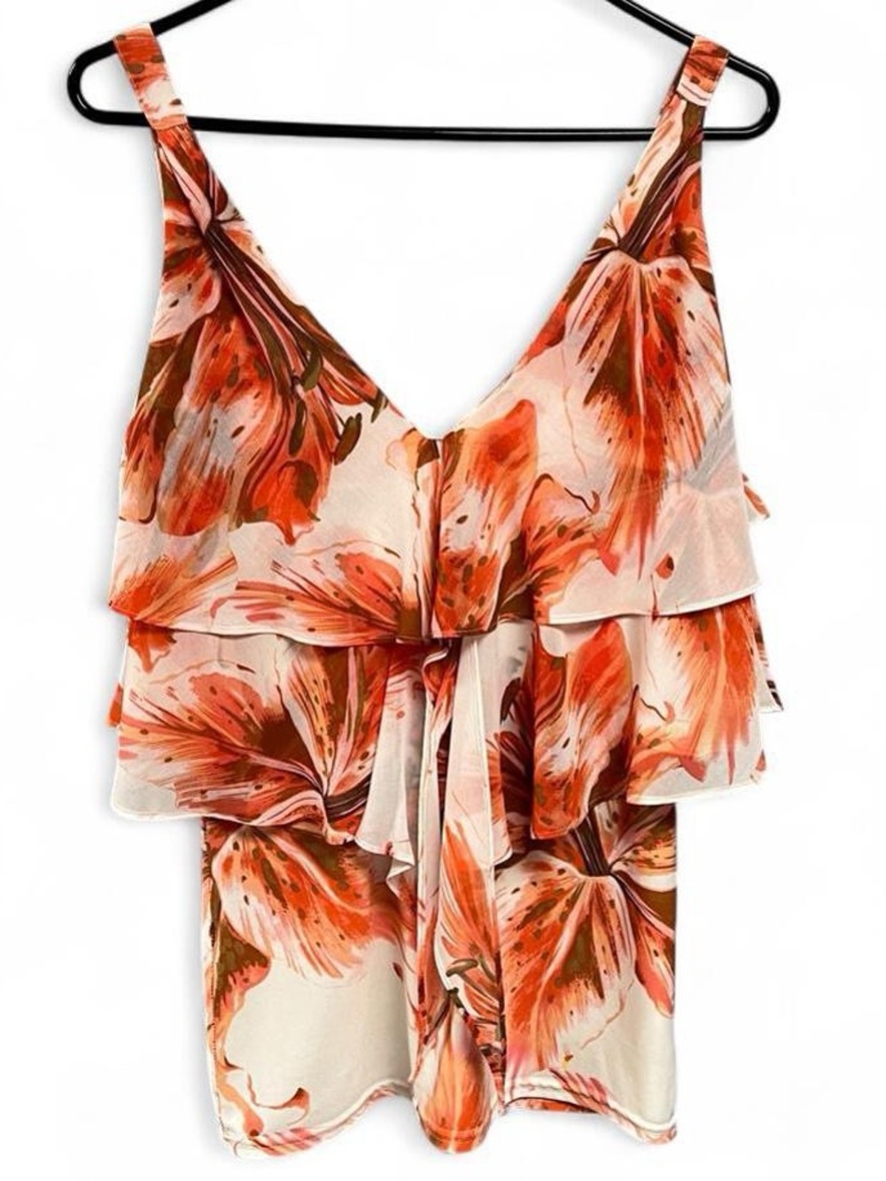 Orna Farho Paris Vintage Orange Floral Ruffle Tiered Cami Top S/M